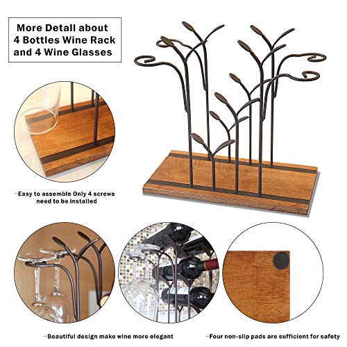 Tabletop Wood Wine Holder, Countertop Wine Rack, Hold 4 Wine Bottles And 4 Glasses, Perfect For Home Decor & Kitchen Storage Rack, Bar, Wine Cellar, Cabinet, Pantry, Etc, Wood & Metal (Bronze) #TOP2