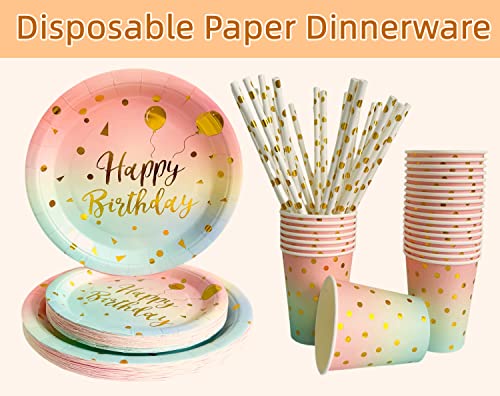Hodooly Pastel Birthday Party Supplies, Rainbow Birthday Paper Plates,Napkins,Cups,Straws And Tablecloth, Disposable Paper Dinnerware Set For Birthday Baby Shower Wedding Rainbow Party #TOP5