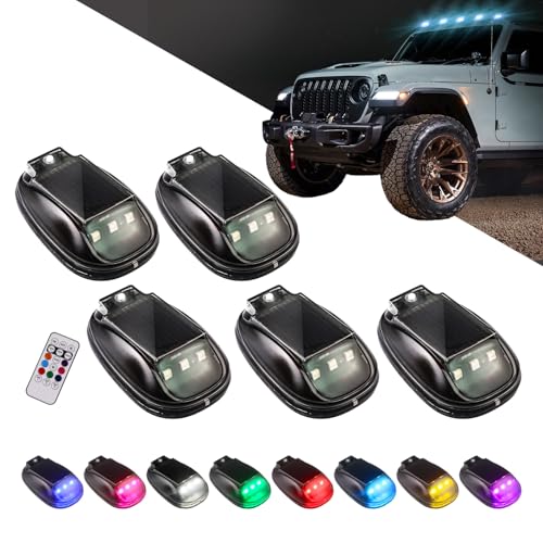 GSOWO 5PCS Wireless Solar Cab Lights for Truck No Drill Type-C Charging Cab Roof Top Marker Lights 8-Colors LED Marker Lights with Vibration Sensor for Pickup SUV Jeep ATV Off-road