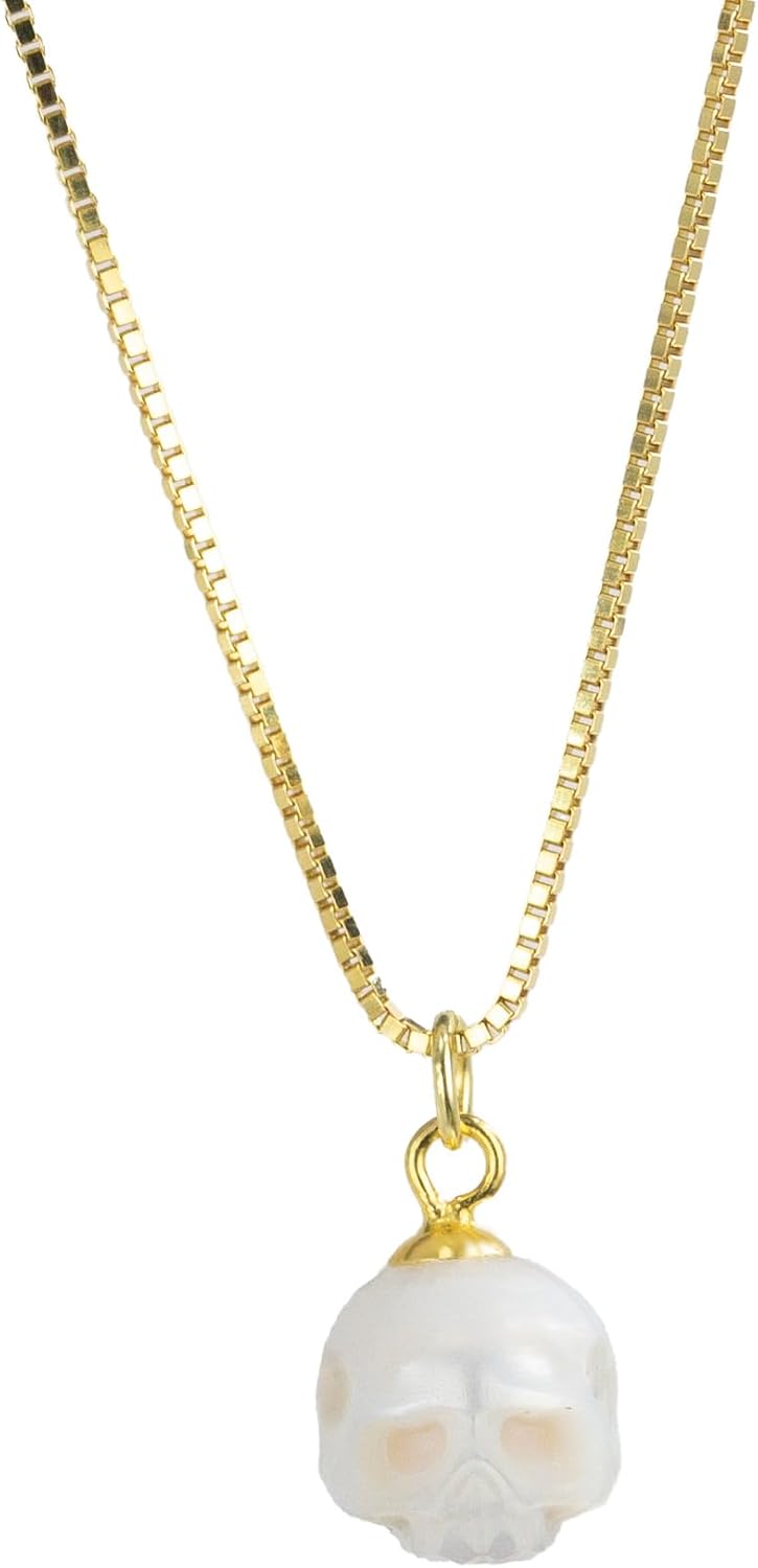 Dainty Simple Pearl Cranium Pendant Necklace, Skull Pearl Necklace
