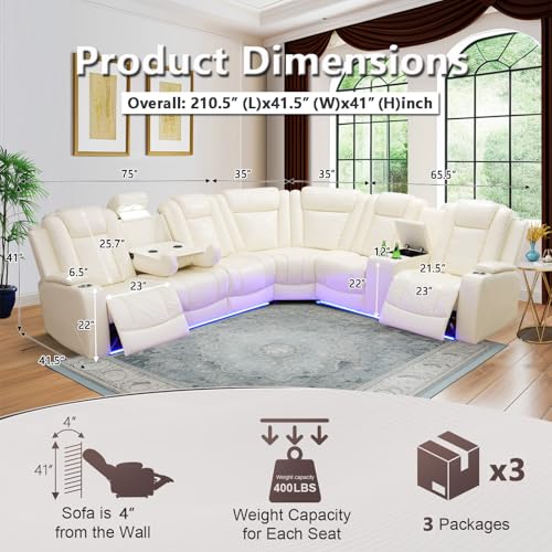 Image of Power Leather Recliner Sectional Sofa with LED Lights for Living Room, L Shaped Reclining Sectional Sofa, Modular Leather Couch with Coffee Table /Hidden Storage for Home Theater Seating