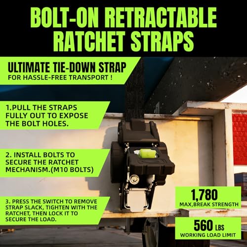 Retractable Ratchet Straps 1\'\'x 12ft Heavy Duty Tie Downs Bolt on Auto Retract Ratchet Strap 1760lb Break Strength Self Retracting for Truck,Cargo,Trailer,Motorcycle,ATV,UTV (Black-Green,2 Pack)