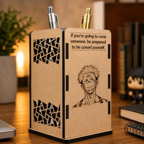 Image of Ryomen Sukuna Wooden Pen Stand | Anime Pencil Holder for Study Table | Jujutsu Kaisen Desk Accessories