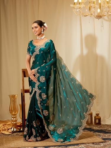 Image of Kasee Women's Bottle Green Floral Embroidered Silk Blend Saree with Rich Zari Border and Unstitched Blouse Piece