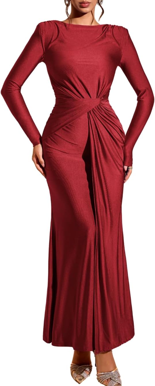 Floor-Length Bodycon Dress, Boat-Neck Ruched, Fall Long Sleeve, Semi-Formal Cocktail Evening-Gowns for Women