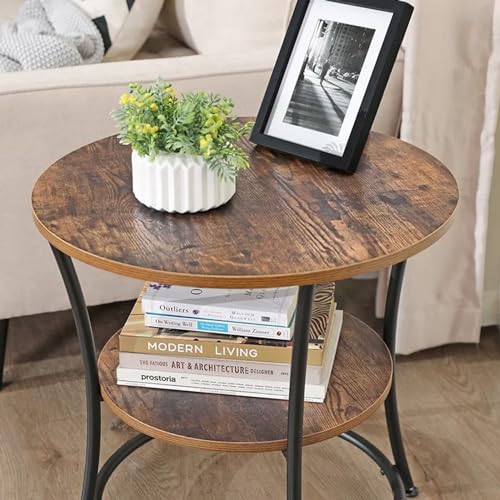 Image of Round end Table with 2 Shelves for The Living Room and Bedroom, Metal-Framed nightstand for Compact Spaces, and Outside Accent Coffee Table-Black Brown