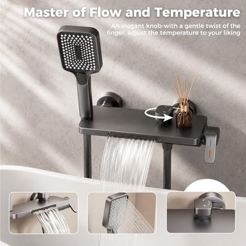 Mitigeur baignoire avec douchette à main cascade 4 modes gris mural