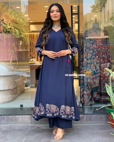 Image of Women's Rayon Embroidered Straight Kurti with Pant Set