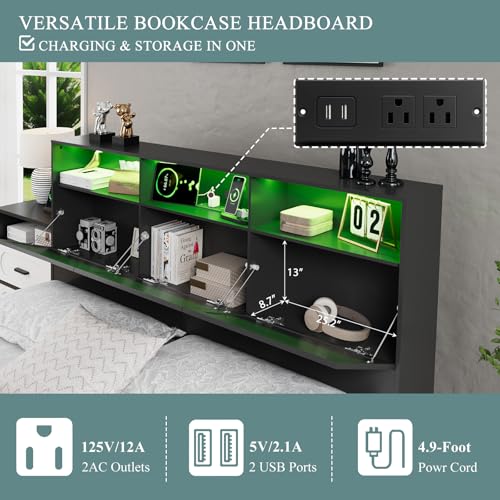 Image of 3 Pieces Bedroom Set, King Size Bed Frame with Storage Headboard, 2 Nightstands with Charging Station, Black