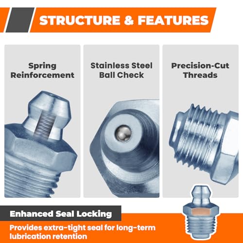 Image of 100PCS Grease Fittings Assortment, 18 Essential Sizes SAE & Metric Zerk Grease Fittings Kit- Includes UNF NPT 1 /4 inch 1 /8 inch M6 M8 M10, Straight 45 90 Degree for Grease Guns