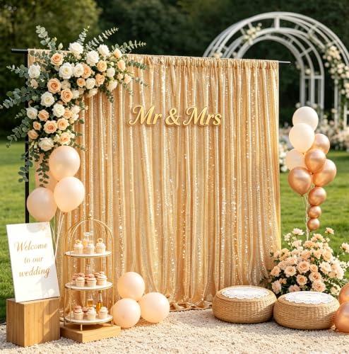 Image of Gold Sequin Backdrop Curtain Drapes Wall Backdrop Party Decorations 8x8FT