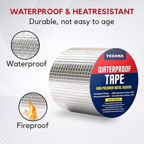 Image of Super Strong Waterproof Butyl Tape for Leakage Repair - Self Adhesive Heavy Duty Aluminum Foil Tape for Roof Waterproofing, Water Leakage, Pipe, Wall & Tank Sealing (4 Inch (10CM*5M))