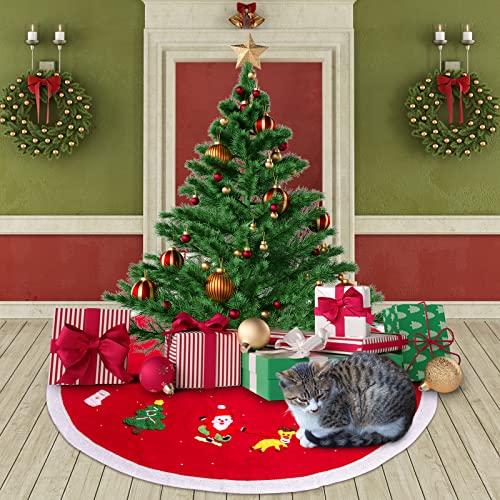 48 Inch Knitted Christmas Tree Skirt 3D Knit Red Christmas Tree Skirt With Handmade Santa Snowman And Reindeer Christmas Tree Mat Cover For Indoor Outdoor Holiday Party Christmas Tree Decoration #TOP6