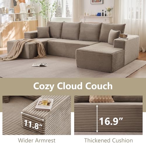 Image of Sectional Cloud Couch for Living Room, Stupendous U Shaped Sofas, Modular Floor Deep-Seat Sofa, Big Comfy Corduroy Couches Set with Fluffy Memory Foam, No Assembly Required, Camel