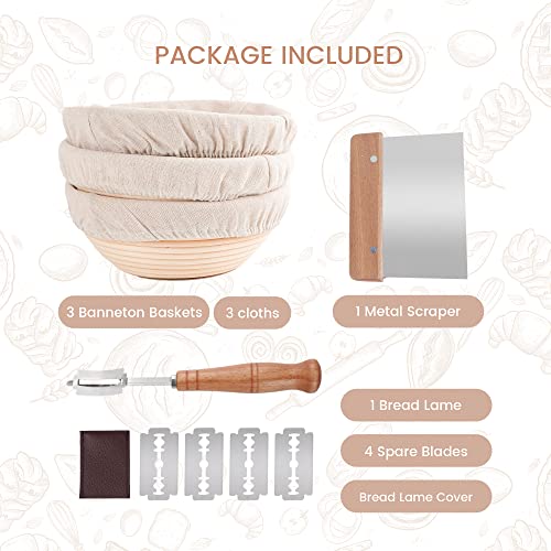 Komiikka Bread Banneton Proofing Baskets Set Of 3 - 8.5 Inch Round Baking Bowl With Liner Metal Scraper For Sourdough And Yeast Bread Dough #TOP2
