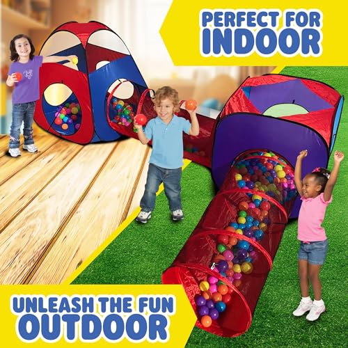 Playz 4pc Pop Up Play Tent and Tunnel Bundle for Toddlers and Kids - Indoor & Outdoor Playhouse With Storage Bag, Red & Blue