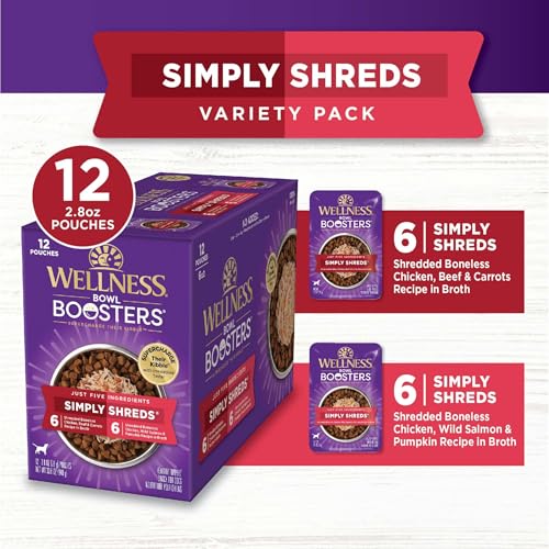 Wellness Bowl Boosters Simply Shreds Variety Pack Wet Dog Food Topper for Small, Medium, and Large Breeds, Grain Free, Natural, Chicken Recipes, 2.8 oz, Pack of 12 Pouches - image 4