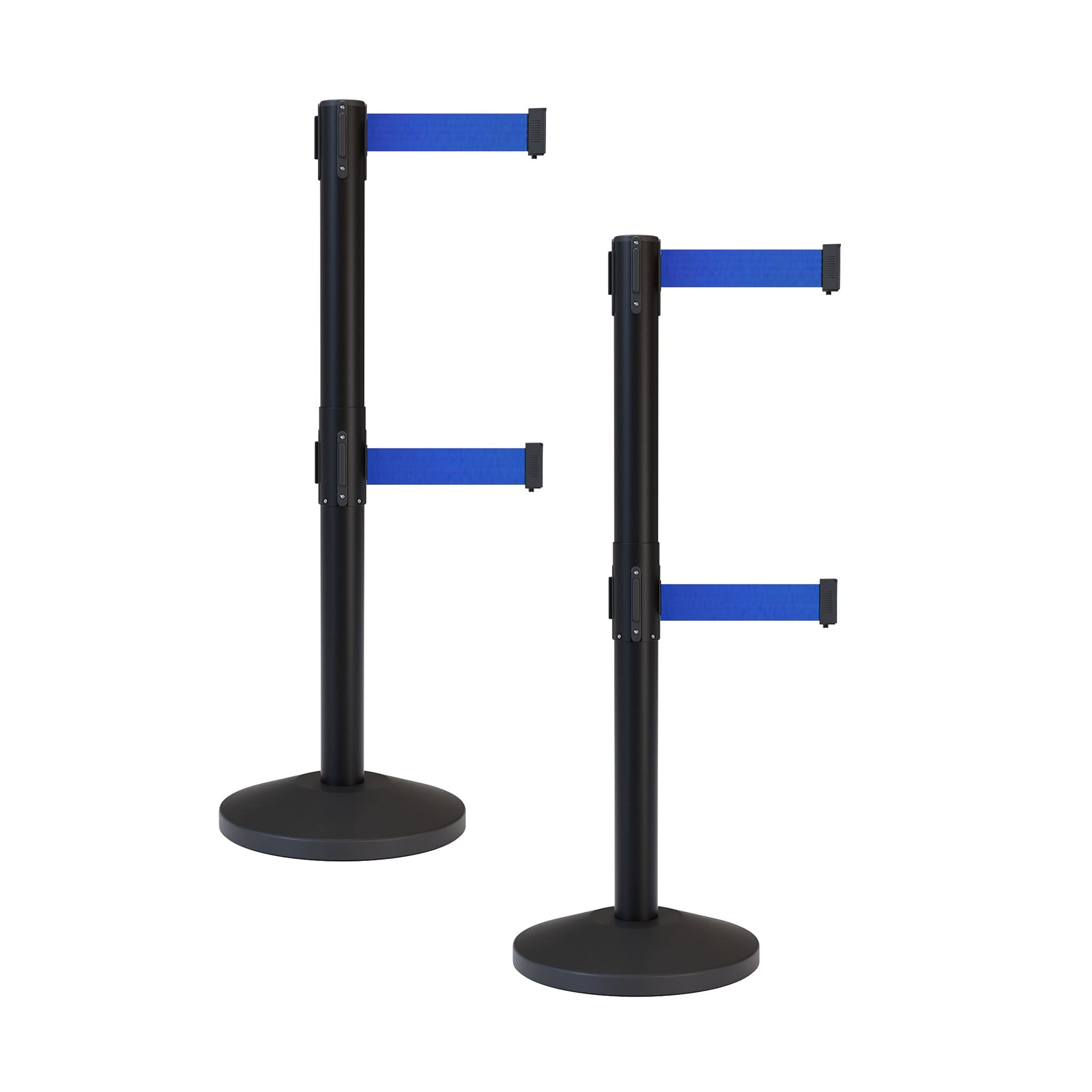 Crowd Control Warehouse CCW Series RBB-100D Set of 2 Stanchion Retractable Belt Barriers - Sloped Base, 11 Foot, Blue Dual Belt with Black Post - Easy