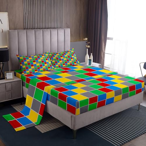 Image of Erosebridal Geometric Checkered Bedding Set Full Colorful Checkerboard Bed Sheets Rainbow Plaid Sheet Set Kids Boys Girls,Red Blue Green Yellow Grids Fitted Top Sheets 4 Piece
