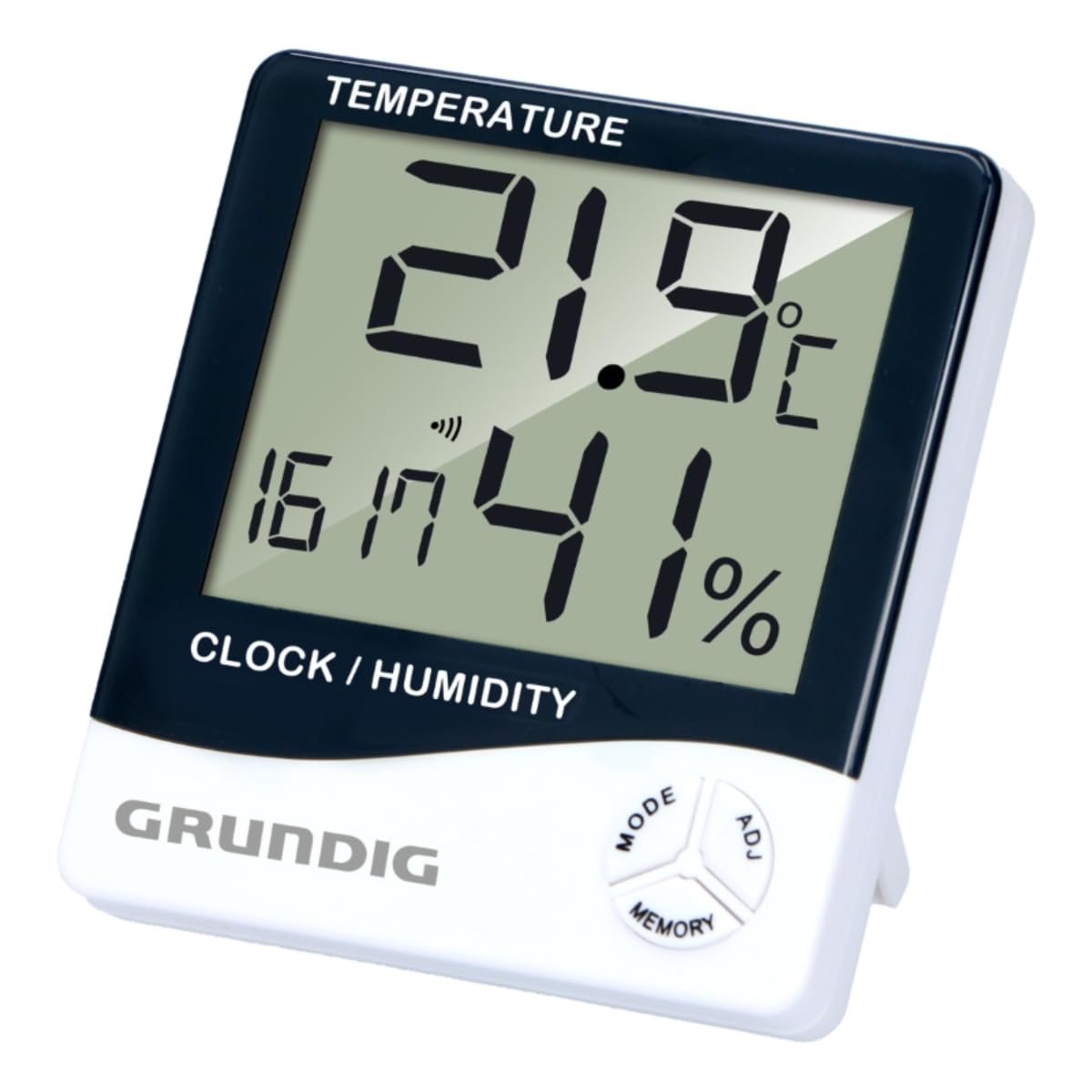 Grundig Stazione meteo digitale, termometro e igrometro per interni ed esterni, stazione meteo radio con allarme e orologio, display LCD, 9,5 x 10,5 x 2 cm, bianco/nero