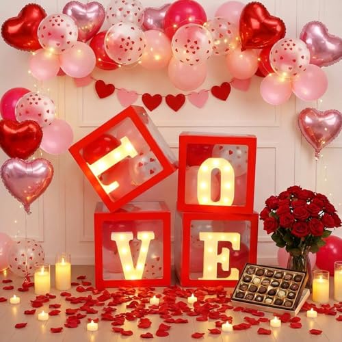 Ceenna 76 Pcs Valentines Decorations, Love Box with LED Letters "love", Red Pink Balloons Valentine's Day Decorations for Hotel Room Wedding Party, Bridal Shower, Birthday Party Backdrop