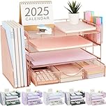 gianotter Paper Letter Tray Organizer with File Holder, 4-Tier Desk Accessories & Workspace Desk Organizers with Drawer and 2 Pen Holder for Office Supplies (Rose Gold)