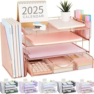 gianotter Desk Organizers and Accessories with File Holder, 4-Tier Desk Accessories & Workspace Organizers with Drawer and 2 Pen Holder, Paper Organizer for Office Supplies (Rose Gold)