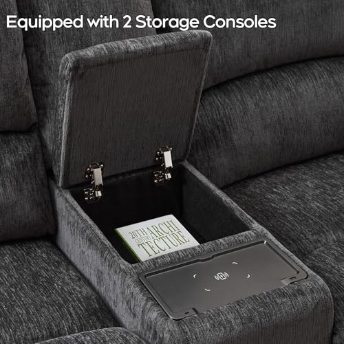 Image of Oversized Power Recliner Sectional Sofa with Wireless Charger,Large Reclining Sectionals Couch Set with 2 Electric Chenille Recliner,USB Type-C,Storage Consloe for Living Room,32.6 inch Seat Width,Gray