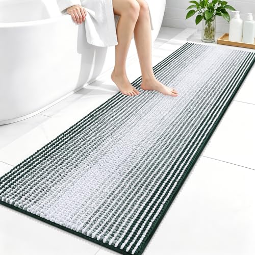 Image of OLANLY Bathroom Runner Rugs 59x20, Extra Soft Absorbent Chenille Striped Bath Rugs, Rubber Backing, Machine Wash Dry, Long Bath Mats for Bathroom, Tub, Shower, Home Decor Accessories, Blackish Green