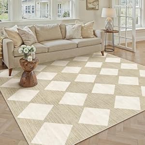 Kariert Beige Teppich Wohnzimmer 150x210cm Waschbarer kurzflor rutschfest Weich Moderner Boho Teppiche für Küchen Schlafzimmer Esszimmer Bedroom Living Room Büro Gors | Beige 150 x 210 cm (R
