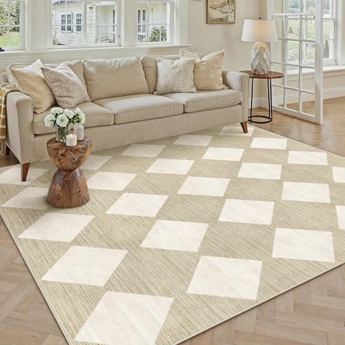 Kariert Beige Teppich Wohnzimmer 150x210cm Waschbarer kurzflor rutschfest Weich Moderner Boho Teppiche für Küchen Schlafzimmer Esszimmer Bedroom Living Room Büro Gors | Beige 150 x 210 cm (R