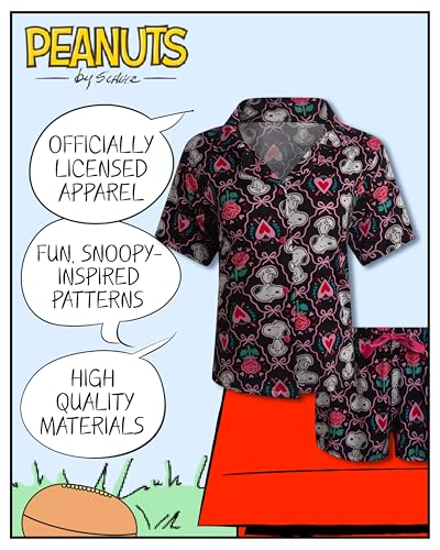 Image of COCO BRANDS Peanuts Snoopy Womens Pajama Set - 2 Piece Short Sleeve Button Down Sleep Shirt and Pajama Shorts