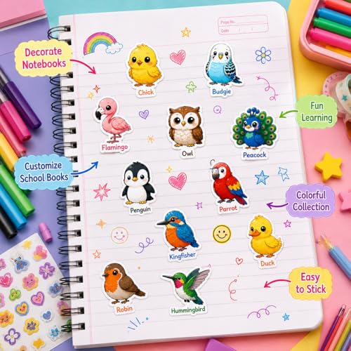 Image of UV DTF Sticker Set - Photo Sticker with Name Labels - Pack of 31 Premium Glossy Waterproof Stickers | Raised Embossed Finish | for Phone, Laptop, Bottle, Lunch Box (Bird Sticker)