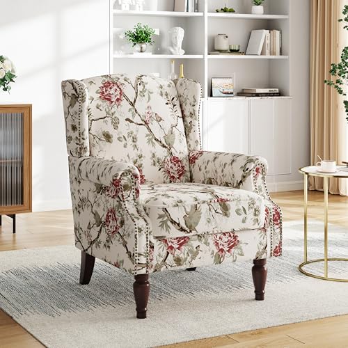 Pia Ricco High Back Floral Accent Chair - Retro Wingback Upholstered Armchair with...