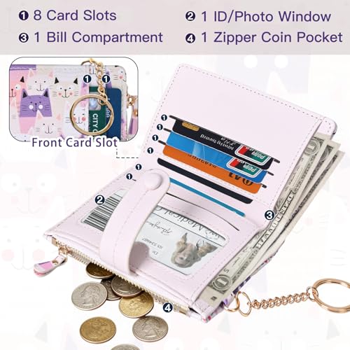 Image of COSHAYSOO Aesthetic Wallet for Ladies Teen Girls - Womens RFID Blocking Purse with Card Slots ID Window Zipper Coin Pocket - Waterproof PU Leather Small Cute Keychain Wallet - Pink Cat