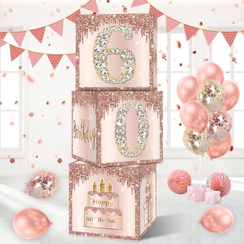 Image of Guiruiy 3 Packs Pink Rose Gold 60th Birthday Balloon Boxes, 10.6 x 10.6 x 10.6 inches, Happy 60th Birthday Decorations for Women