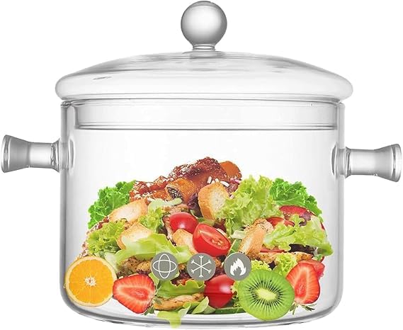 Glass Cooking Pot with Lid, 2L/67oz, Heat-Resistant Borosilicate, Stovetop Safe, for Pasta, Soup, Tea