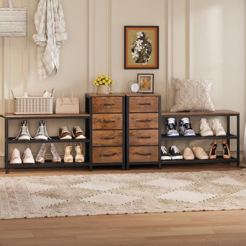 Image of EXOTICA Industrial Shoe Storage Bench with 4 Drawers & Seat, Rustic Brown