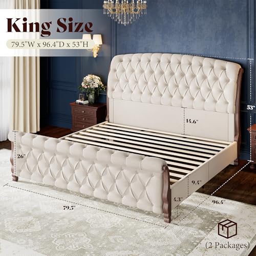 Image of AMERLIFE Upholstered King Bed Frame, 53 inch Tall Sleigh Bed with Button Tufted Chenille Headboard and Footboard, Platform Bed with Carved Solid Wood Legs, No Box Spring Needed, Cream