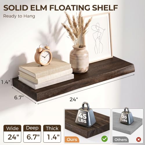 Image of Live Edge Elm Floating Shelves - 24 In Rustic Solid Wood Shelves with Heavy-Duty Invisible Bracket, Wall-Mounted Wooden Shelf for Living Room, Bathroom, Kitchen Storage & Display, Set of 2, Walnut