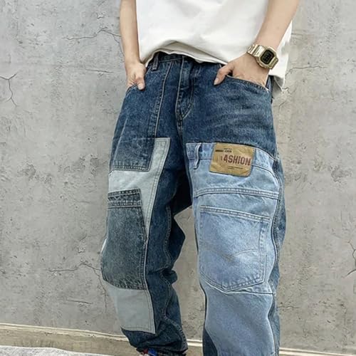 Men’S Y2K Vintage Patchwork Loose Fit Baggy Wide Leg Denim Pants Zipper Fly Midweight Hip Hop Streetwear Full Length Jeans4