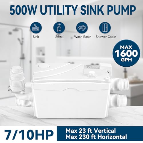 Image of 500W Utility Sink Pump with PCB Function Upgrade Structure Upflush to 23FT 1600GPH Under Sink Pump with 3 Water Inlets 1 Outlet Macerating Toilet System for Sink Shower Urinal Kitchen Basement