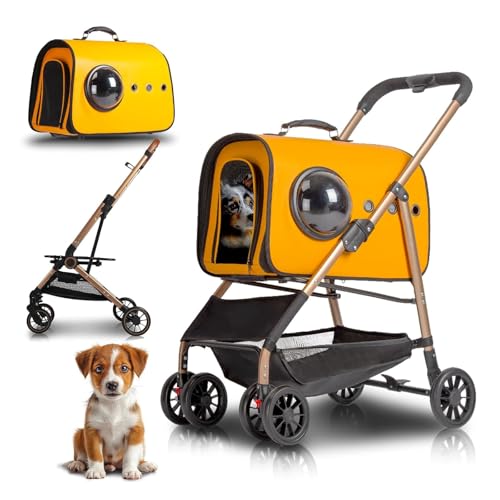 小型/中型犬用犬ケージジョガーベビーカー、取り外し可能なキャリアと収納バスケット付き折りたたみ式ペットベビーカー、軽量犬猫用ベビーカー,イエロー