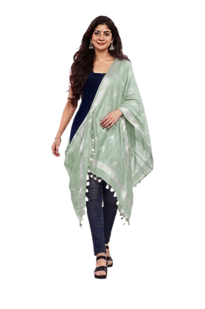 Women's Linen Cotton Ikat Woven Handloom Dupatta (Stole) With Silver Zari Border | Soft Lightweight Dupatta With Tassels | Tradition Ethnic Wear | Full Size_2.5m approx-image-33