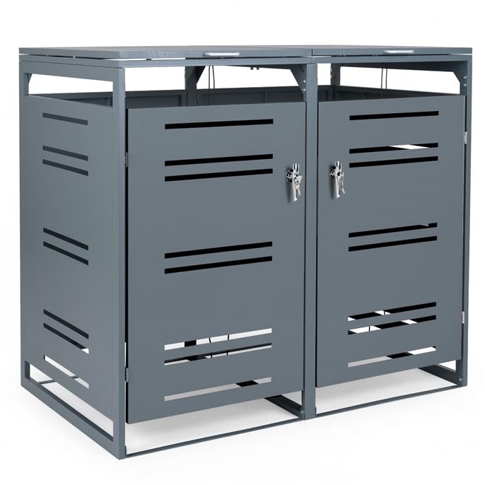 Cache poubelle extérieur double en acier galvanisé GOPLUS gris anthracite pour 2 bacs