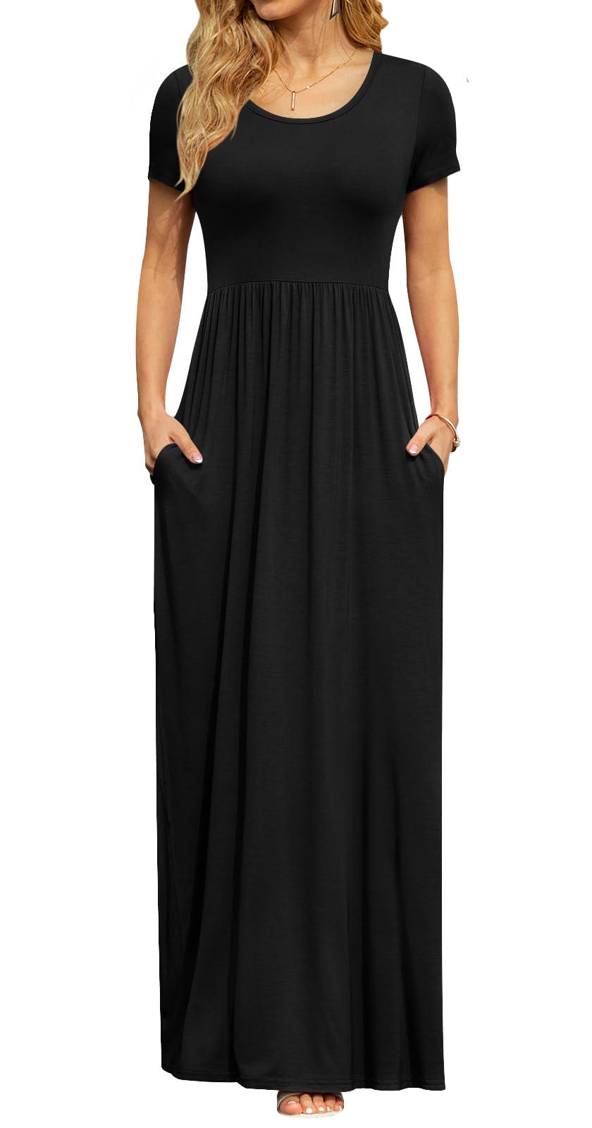 db moon womens 2025 summer maxi dresses casual short sleeve empire waist spring long dress with pockets