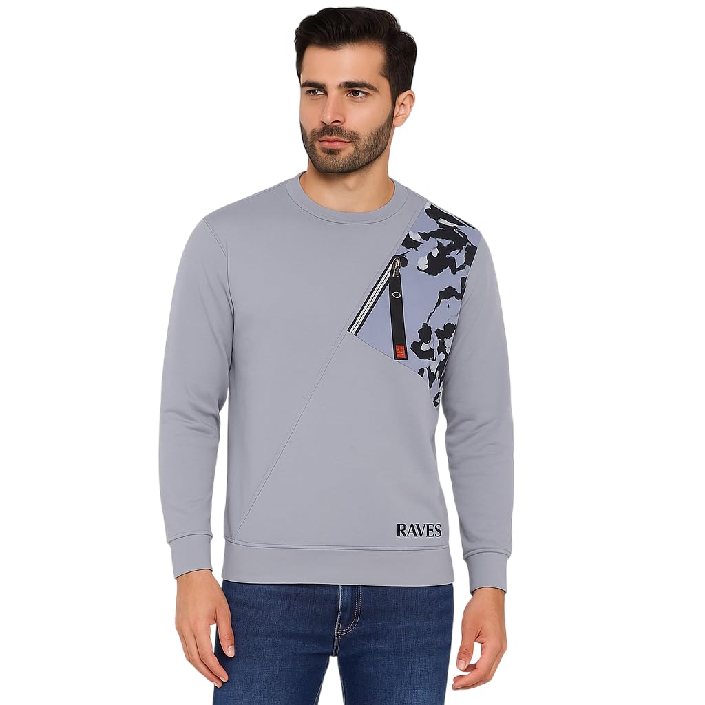 rf raves Raves Mens Stylish Color Block Full Sleeve Cotton T-Shirt | Trendy Navy, Red & Grey Lightning Design Sweatshirt | Casual Crew Neck Slim Fit Tee for Men-picture-52