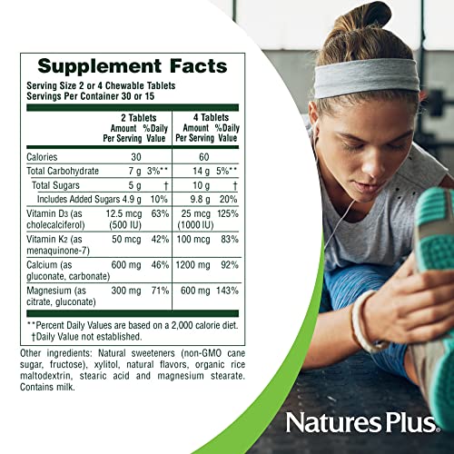 Naturesplus Chewable Cal/Mag/Vit D3 With Vitamin K2-60 Chewable Tablets - Vanilla Flavor - Bone Health Supplement With Calcium, Magnesium, Vitamin D3 And K2 - Gluten-Free - 30 Servings #TOP4