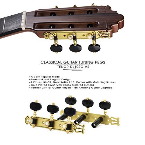 DJ102G-AS TENOR Classical Guitar Tuners Professional Tuning Key Pegs/Machine Heads for Classical or Flamenco Guitar with Gold Finish and Black Buttons. - Thumbnail 3