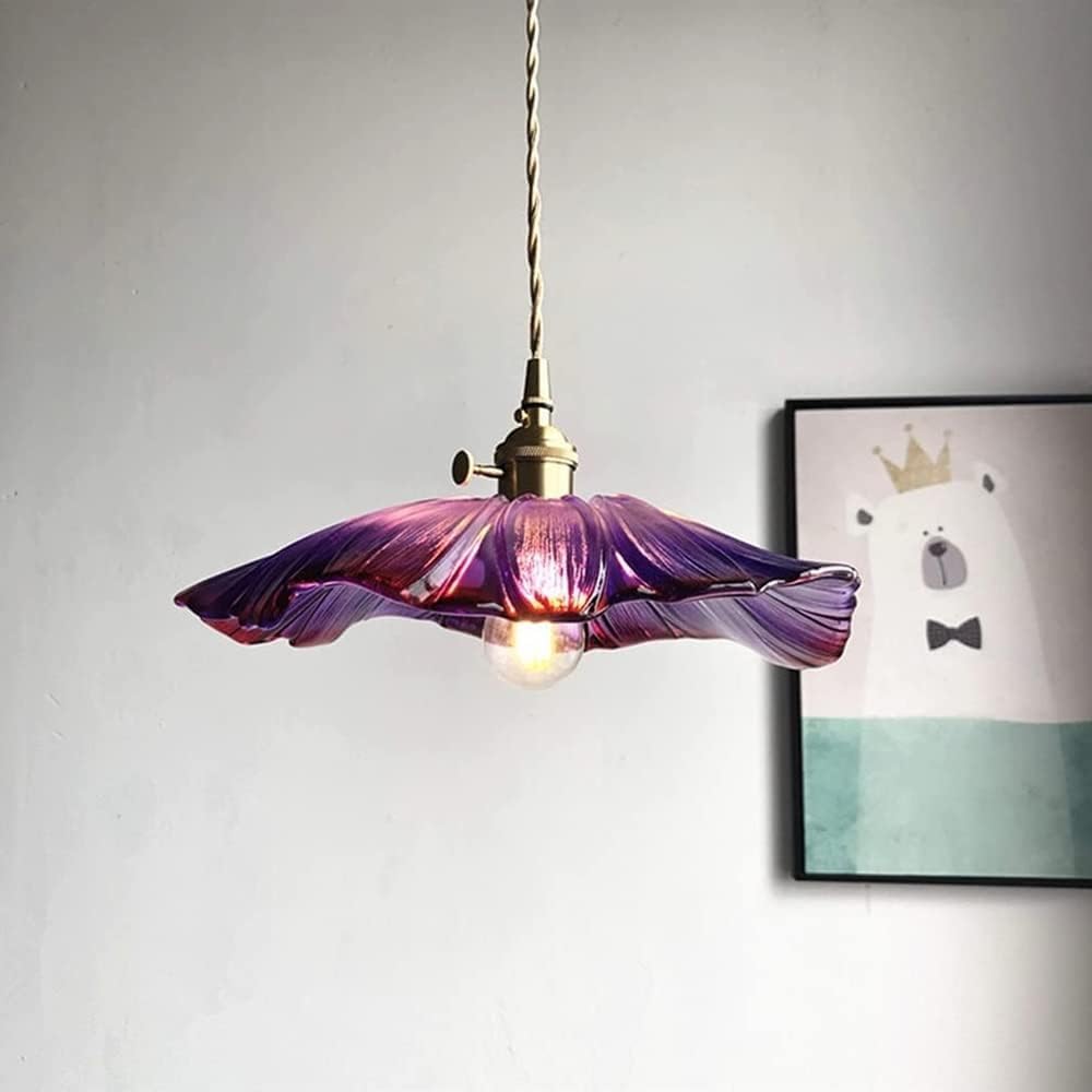 BLOOHK 1-Light Lotus Leaf Glass Chandeliers, Japanese Style Modern Brass Glass Hanging Light Flower Glass Lampshade Pendant Lights For Kitchen Island, Restaurant, Farmhouse